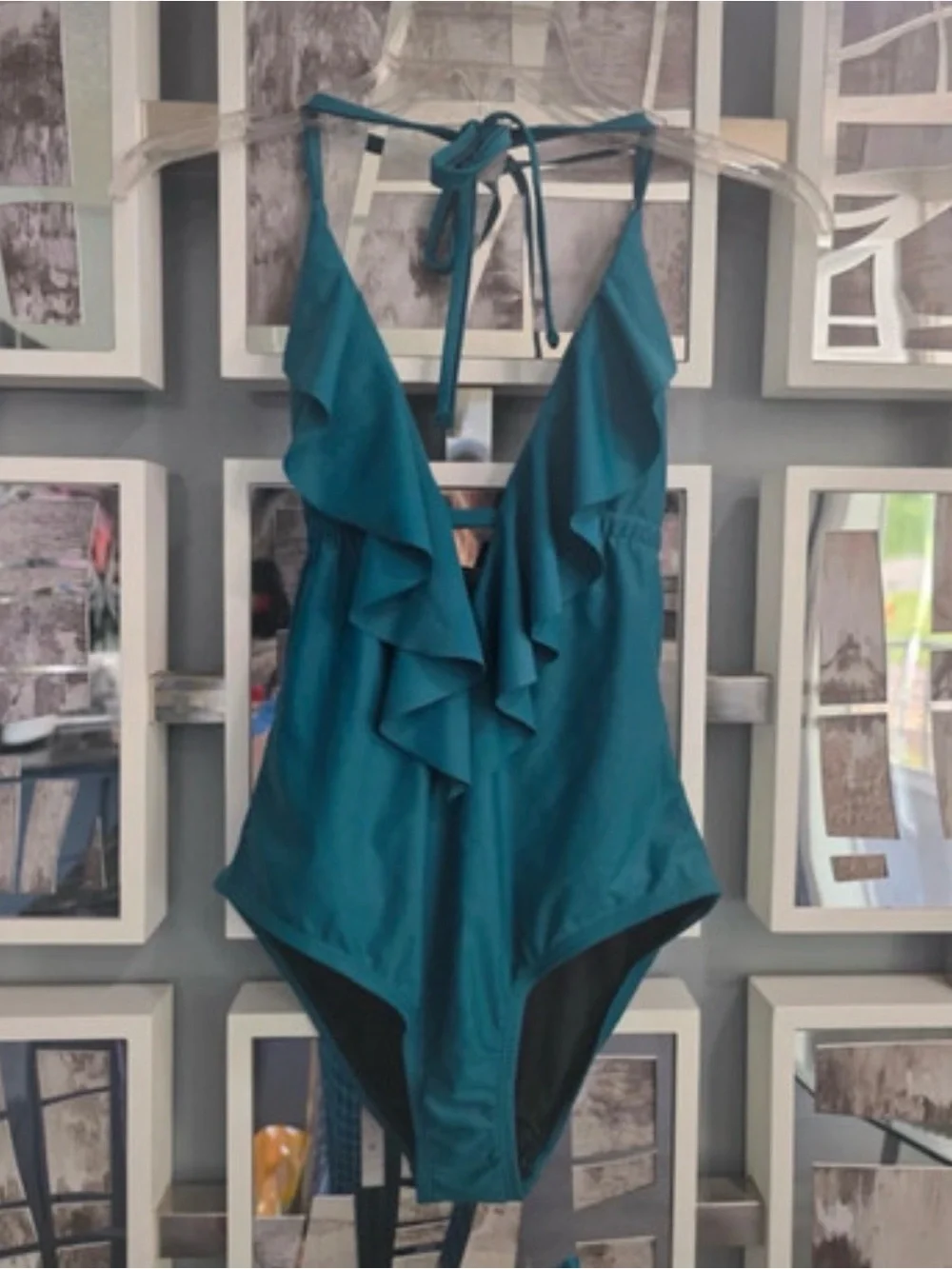Coastal Blue Women's Swimwear Deep V Ruffle Front One Piece Swimsuit Teal XS NWT